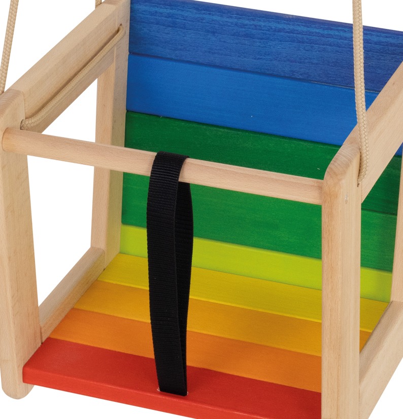 Kinder lieben bunte Regenbogenfarben. Hier die Schaukel.