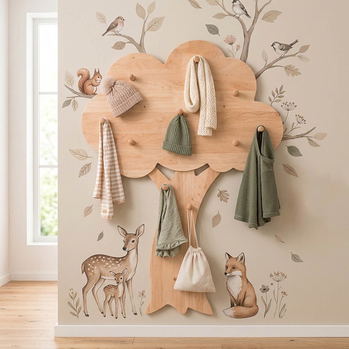 Baumgarderobe Kinder - als Waldszene mit Wandbild im Kinderzimmer gestaltet