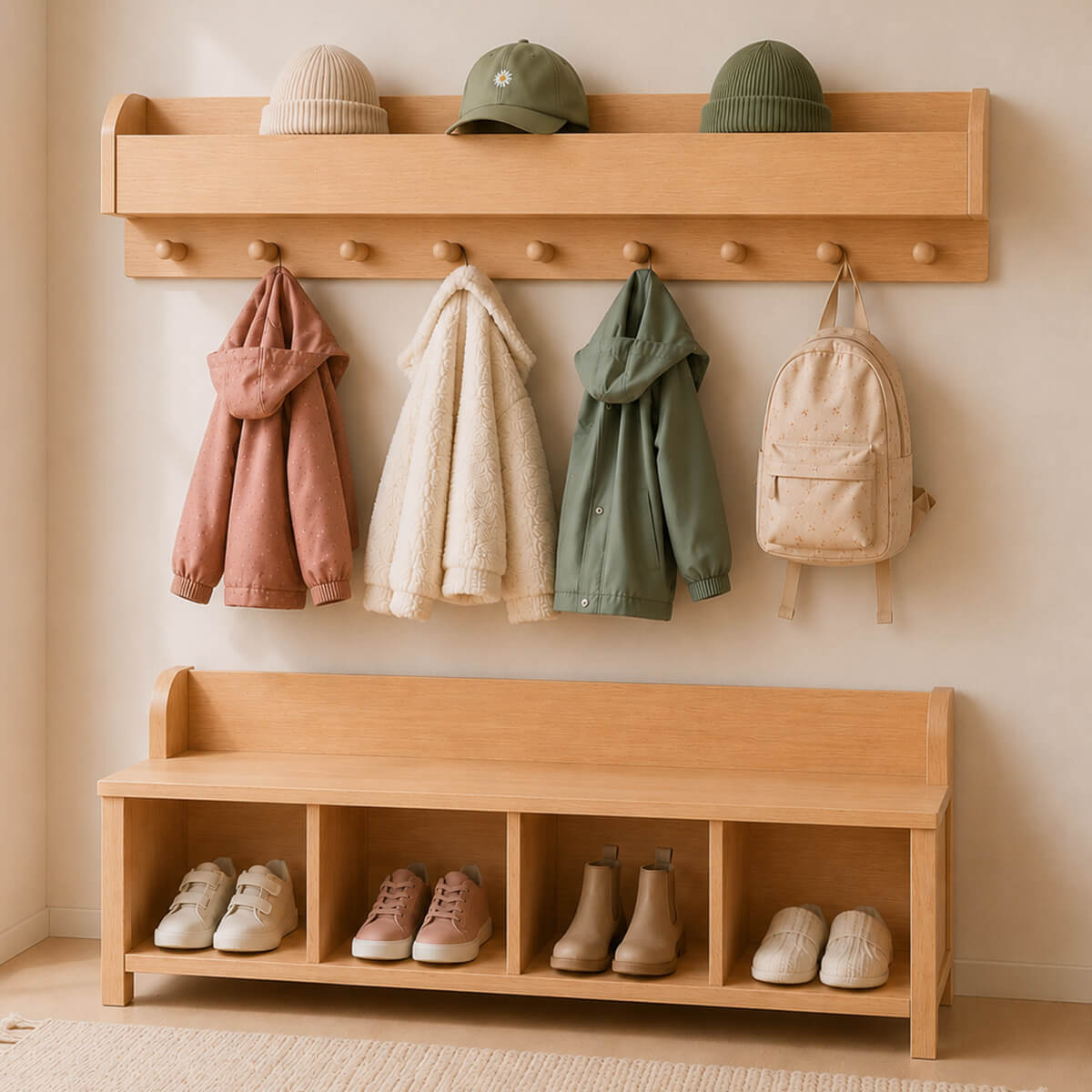 Kindergarderobe mit Sitzbank TORINO - passende Sitzbank mit 4 Schuhfächern