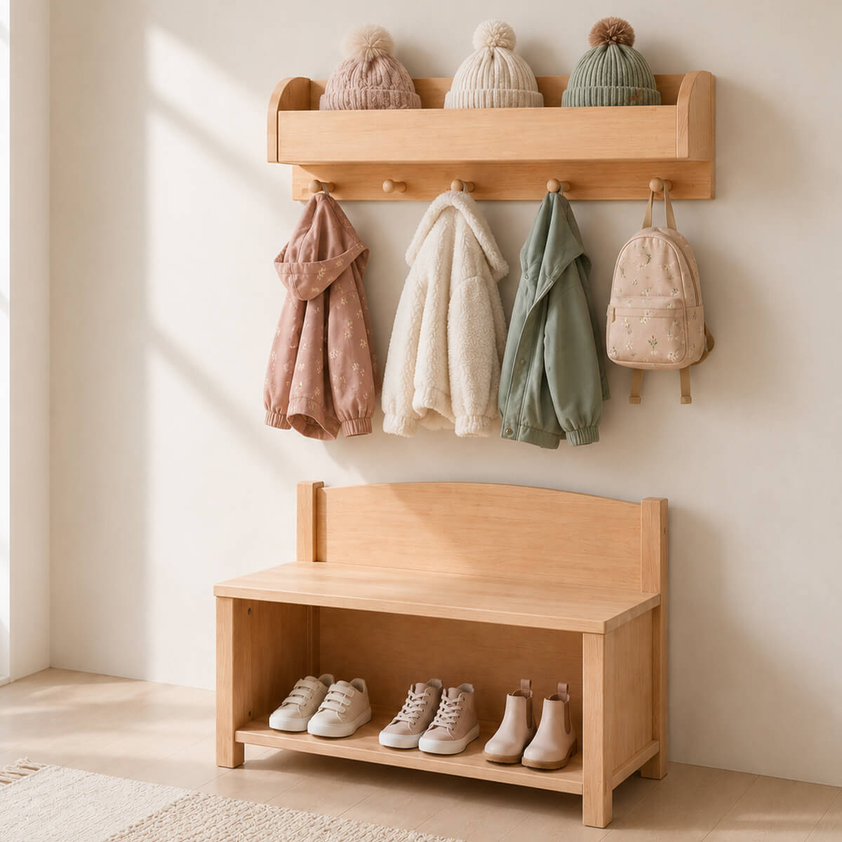 Kindergarderobe MILANO passend zur kleinen Sitzbank MILANO aus Erlenholz