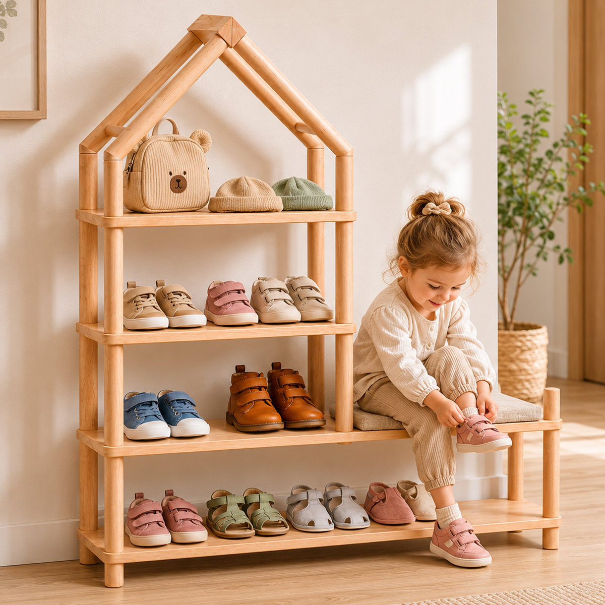 montessori schuhregal mit sitzbank für kinder