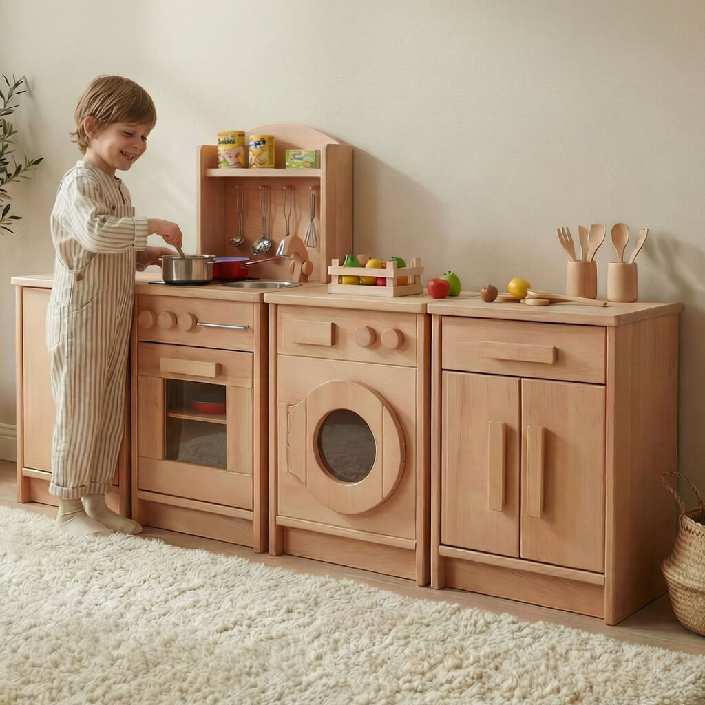 Massive Buche und sorgfältige Handwerksarbeit machen diese Kinderküche besonders langlebig - Spielendes Kind