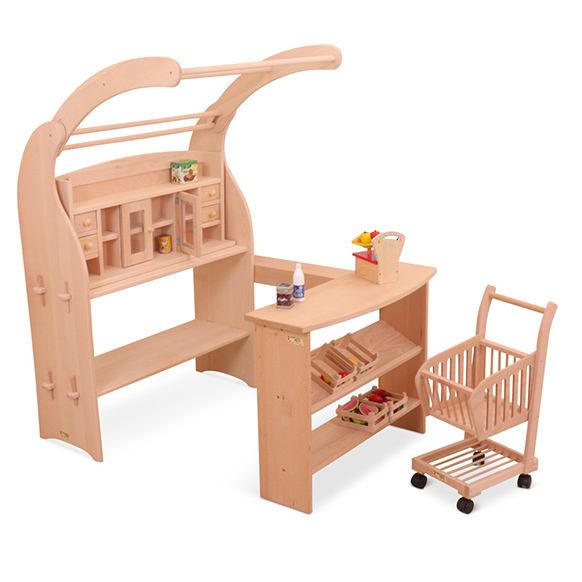 "Kleiner Ben" Spielständer mit Kaufladenregel, Spieltheke und Einkaufswagen.