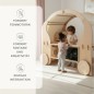 Preview: Kinder Foodtruck aus Holz mit Infografik in Peitz-Logo-Farben, drei Kinder spielen Verkäufer und Kunde, kein Pfeil-Design