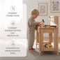 Preview: Kinderhobelbank aus Holz mit Infografik zu pädagogischen Vorteilen – Kind spielt konzentriert, zeigt Feinmotorik und Kreativität.