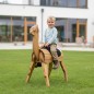 Preview: Kind sitzt glücklich auf einem handgefertigten Holz Alpaka im Garten mit Outdoor-Spielatmosphäre.