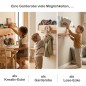 Preview: Kindergarderobe Holz. Zweigeteiltes Bild zeigt die Garderobe als Nachttisch-Ersatz und als Kreativ-Fach für Bastelmaterial.