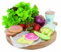 Preview: Hamburger-Set JB-W7146: Spielzeug-Essen aus Holz mit Burger-Zutaten, Pommes frites im Becher und einem Softdrink-Becher auf einem Holzbrett