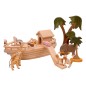 Preview: Kinder-Piratenschiff, Kinder-Arche Massivholz natur, nachhaltig mit Hütte und Holz-Tieren, Deko-Palmen aus Holz