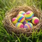Preview: Bunte Holz-Ostereier im Nest im grünen Gras – nachhaltige Osterdeko für Kinder