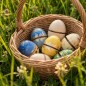 Preview: Osternest mit bunt bemalten Holz-Ostereiern im Gras – plastikfreie Osteridee für Familien