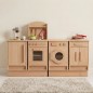 Preview: Kinderküchenzeile aus Holz mit Backofen, Spüle und Hochschrank in einem minimalistischen Kinderzimmer mit Teppich