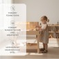 Preview: Kinderhobelbank aus Holz mit Infografik zu pädagogischen Vorteilen – Kind spielt konzentriert, zeigt Feinmotorik und Kreativität.