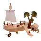 Preview: kinder-piratenschiff aus massivem holz mit Segelmast, mastkorb und segel, Variante ohne Deck, Kajütenhaus als Kapitänshaus an Land mit Holz-Deko-Palmen und Playmobil Piraten und Boot