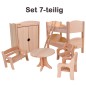 Preview: Puppenmöbel Set 7-teilig mit 2 Stühle, Tisch, Bank, Bett mit Dach & Tuch, Kleiderschrank