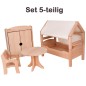 Preview: Puppenmöbel Set 5-teilig mit Stuhl, Tisch, Bett mit Dach & Tuch, Kleiderschrank