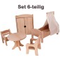 Preview: Puppenmöbel Set 6-teilig mit 2 Stühle, Tisch, Bett mit Himmel & Tuch, Kleiderschrank