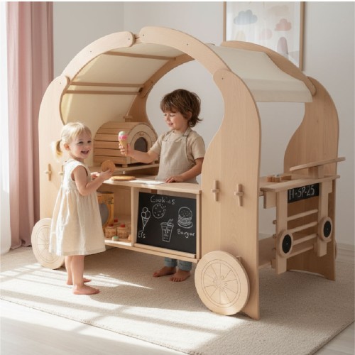 Kinder Foodtruck aus Holz im hellen Kinderzimmer mit Fenster, Vorhängen und Teppich, zwei Kinder spielen Verkäufer und Kunde.