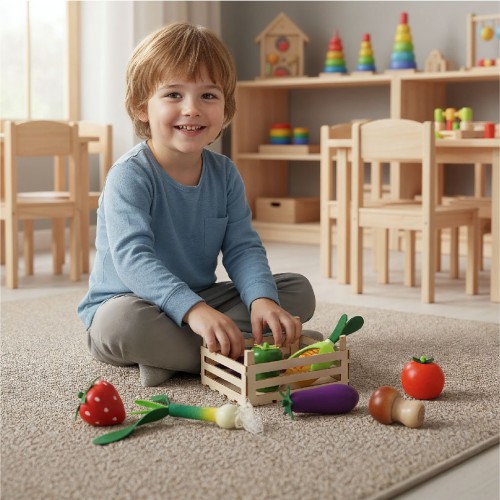 Kind spielt mit einem Set aus Holz mit Stiege - 8-teilig - mit Obst und Gemüse - Lifestyle