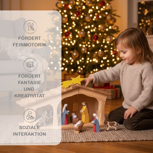 Kinder Krippenstall mit Schindeln unter dem Weihnachtsbaum