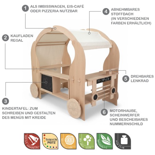 Kinder Foodtruck aus Holz mit allen Features.