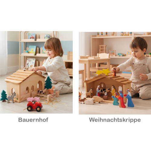 Krippenstall mit Schindeln klein - Spielender Junge mit Krippenfiguren
