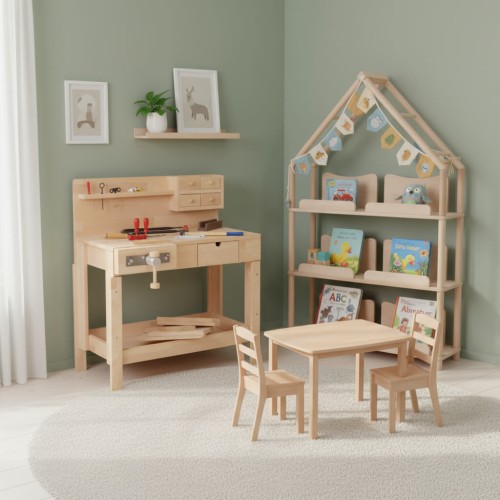 Kinderhobelbank aus Holz mit zwei spielenden Kindern in hellem skandinavischem Kinderzimmer mit Möbeln von Holzspielzeug Peitz– höhenverstellbare Werkbank von Holzspielzeug Peitz.
