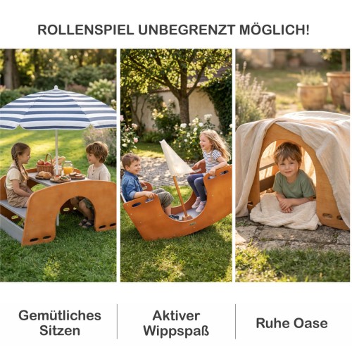 Kinder sitzen gemütlich und wippen aktiv auf Holz Wippe im Garten