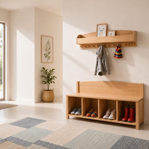 Kinder Garderobe mit Sitzbank und 3 Fächern harmonisch im hellen Flur integriert.