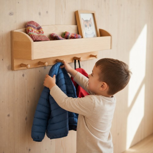 Kind nutzt Garderobe selbstständig und lernt Ordnung im Alltag durch feste Plätze für Kleidung
