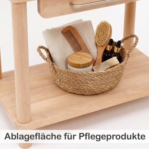 Große Ablage am Montessori Waschtisch NERI bietet Platz für Pflegeprodukte, Bürsten und Handtücher