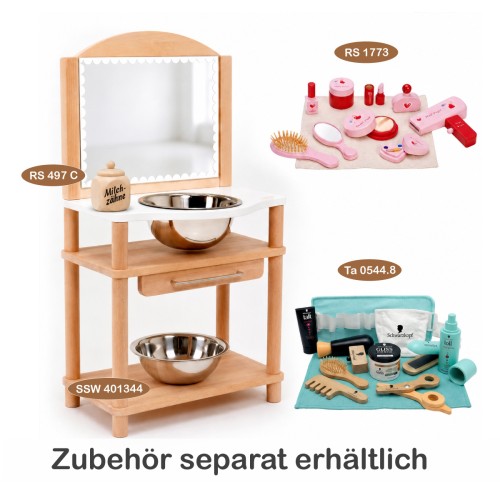 Montessori Waschtisch NERI integriert sich harmonisch in einen hellen Badezimmer-Pflegebereich mit Holz-Zubehör