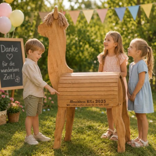 Personalisiertes Holz Alpaka als besonderes Geschenk zum Kita-Abschluss für Kindergruppen.