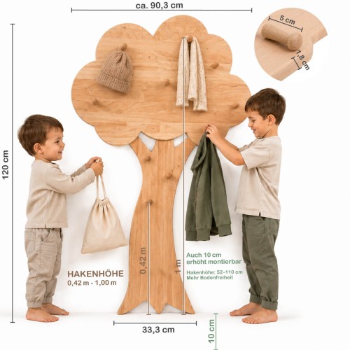 Baum Garderobe Kinder im Größenvergleich mit Geschwistern und Maßangaben zu Höhe und Breite