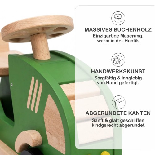 Holz Traktor BERTI aus massivem Buchenholz mit handgefertigten Details und abgerundeten Kanten.