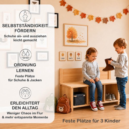 Kinder Garderobe mit Sitzbank fördert Selbstständigkeit, Ordnung und Alltagserleichterung.