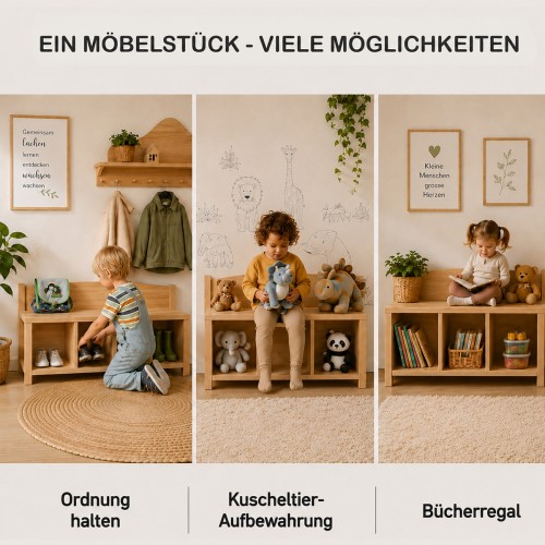 Kinder Sitzbank mit 3 Fächern vielseitig nutzbar für Ordnung, Kuscheltiere und Bücherregal.