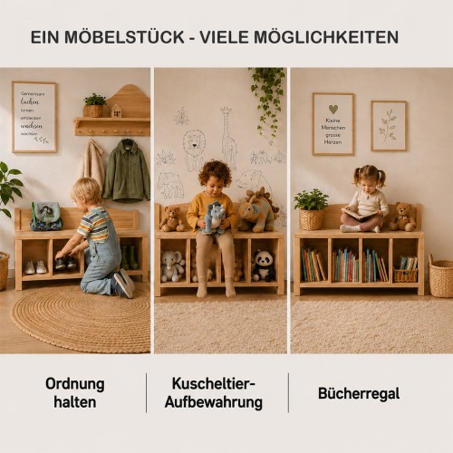 Kinder Sitzbank mit 4 Fächern als Ordnungssystem, Kuscheltier-Aufbewahrung und Bücherregal.