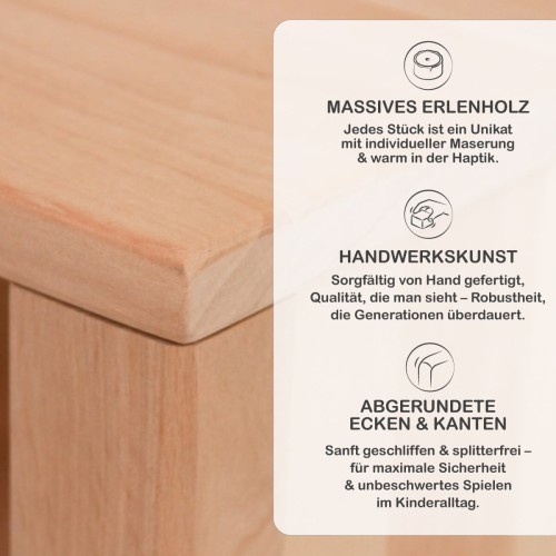 Detailaufnahme der Kinder Sitzbank aus massivem Erlenholz – handgefertigt mit abgerundeten Kanten.