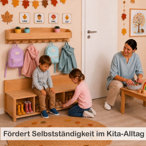 Kinder Garderobe mit Sitzbank in der Kita – pädagogisch wertvoll für Pädagogen und Gruppenarbeit.