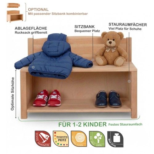 Kinder Sitzbank mit Schuhfach zeigt Ablagefläche, komfortable Sitzbank und großen Schuhstauraum.