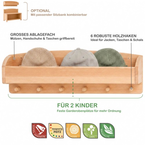 Große Kindergarderobe MILANO aus Erlenholz mit Feature-Infografik und original Holzspielzeug Peitz Gütesiegeln Handwerk, Natur, Nachhaltigkeit.