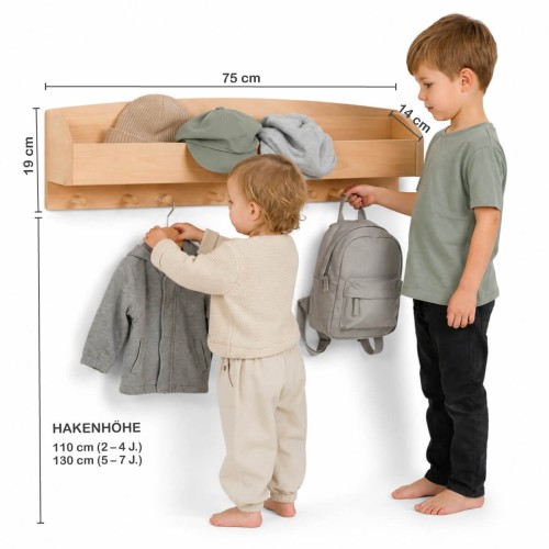 montessori kleiderschrank: Größenvergleich der Kindergarderobe Porto mit zwei Kindern und exakter Maßgrafik.
