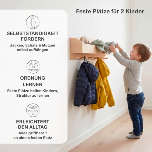 Kindergarderobe Holz. Infografik zeigt den Nutzen für selbstständiges Aufräumen und die Qualität des Erlenholzes.
