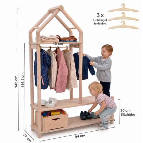 Montessori Garderobe im Größenvergleich mit zwei Kindern, Maßen und Sitzhöhe von 30 cm