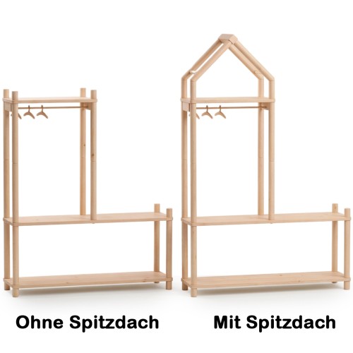Montessori Garderobe im Vergleich mit und ohne Spitzdach aus natürlichem Buchenholz