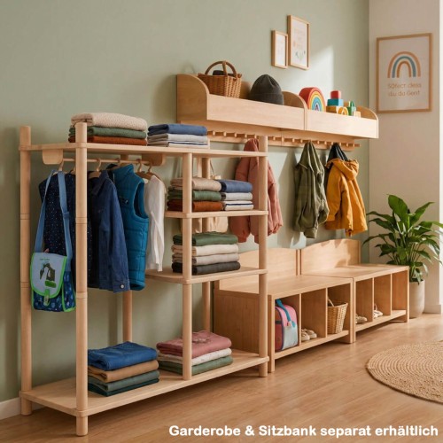 Montessori Kleiderschrank kombiniert mit Kinderzimmer-Garderobe und Aufbewahrung aus Holz