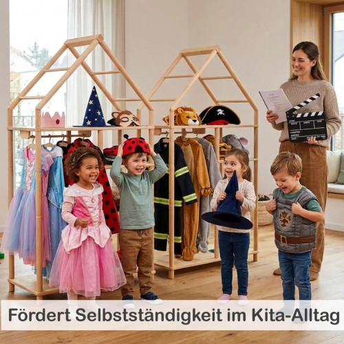 Kinder nutzen Montessori Kleiderschrank im Kita-Alltag und lernen selbstständiges Aufräumen