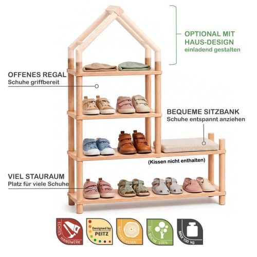 Schuhregal Kinder mit Sitzbank, offenem Regal, viel Stauraum und liebevoller Hausform
