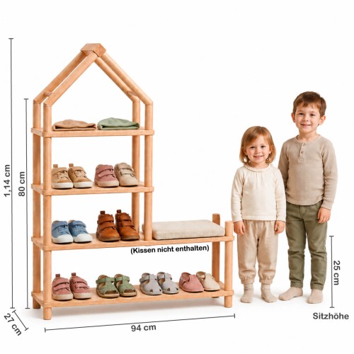 Schuhregal Kinder im Größenvergleich mit zwei Kindern – Maße und Sitzhöhe realistisch dargestellt
